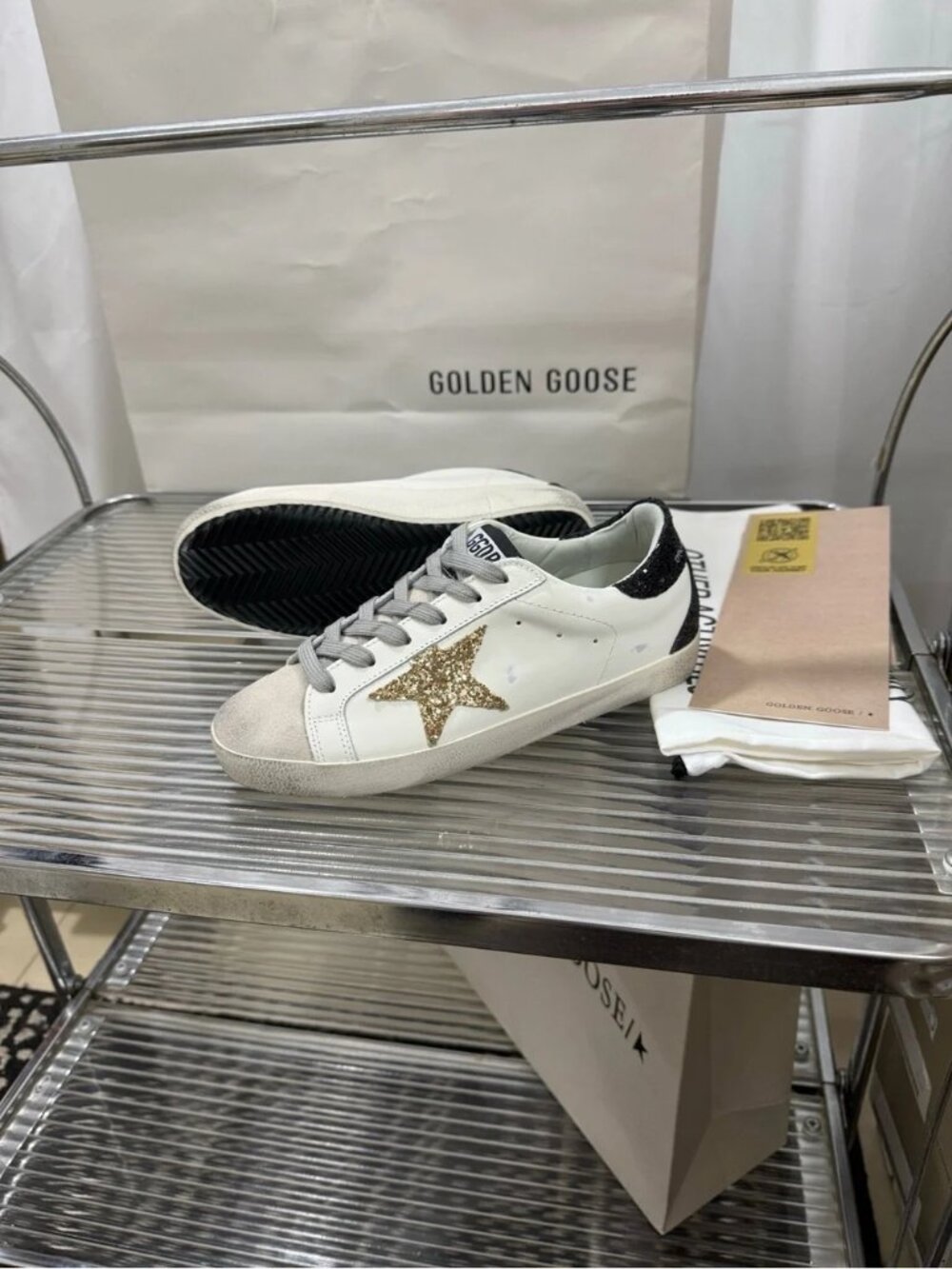 Golden Goose White Sneakers with Gold Glitter Star and Black Heel - Picture 7 of 9